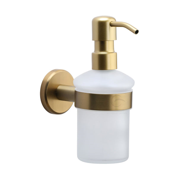 Oxford Soap Dispenser. Wall Mounted with Frosted Glass and high quality STS pump. Satin Brass finish - OXF-SOAP-SB