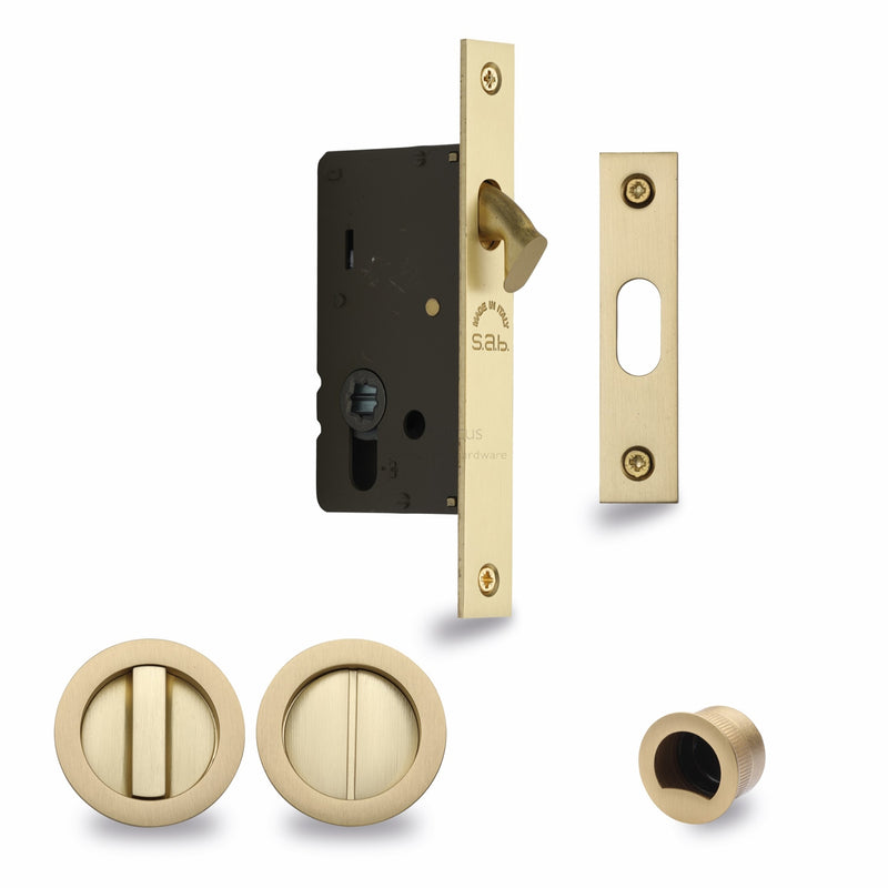 Sliding Lock with Round Privacy Turns Satin Brass Finish
 - RD2308-50-SB