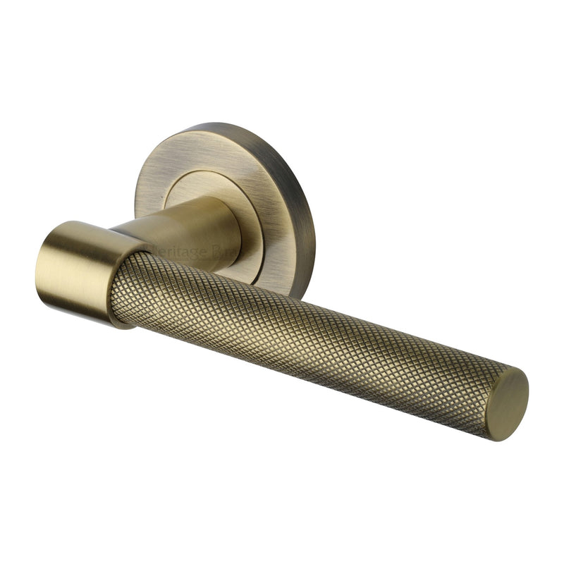 Heritage Brass Door Handle Lever on Rose Phoenix Knurled Design Antique Finish - RS2018-AT - Choice Handles