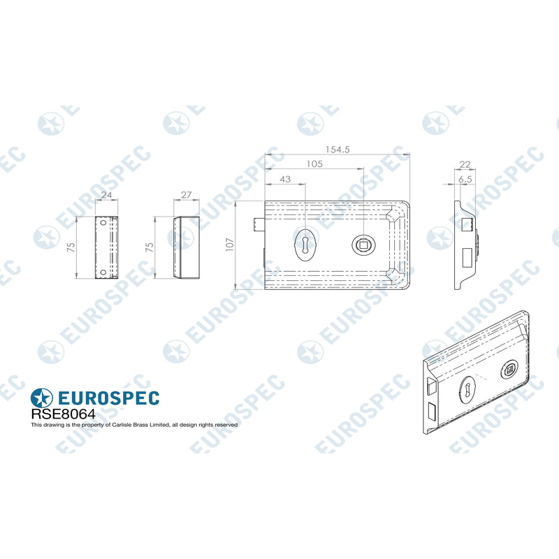 Eurospec - Traditional Rim Deadlock 150mm x 100mm - Black Japanned - RSE8064JAP - Choice Handles