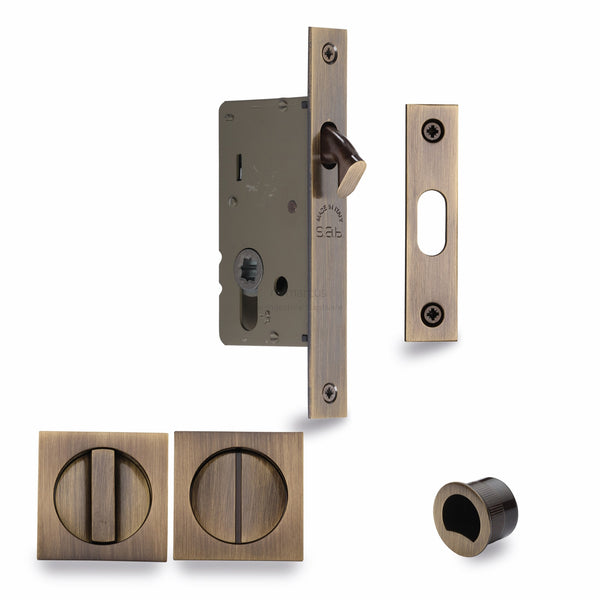 Sliding Lock with Square Privacy Turns Antique Finish - SQ2308-40-AT