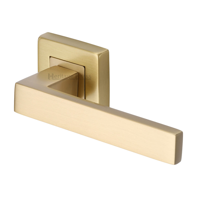 Heritage Brass Door Handle Lever Latch on Square Rose Delta Sq Design Satin Brass finish - SQ5420-SB - Choice Handles