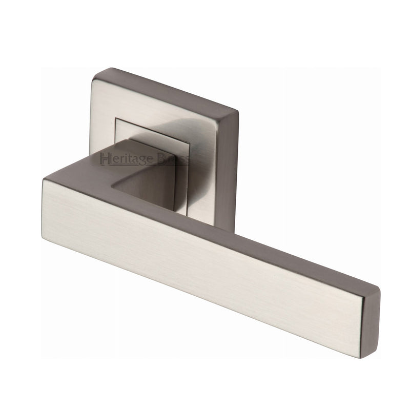 Heritage Brass Door Handle Lever Latch on Square Rose Delta Sq Design Satin Nickel finish - SQ5420-SN - Choice Handles