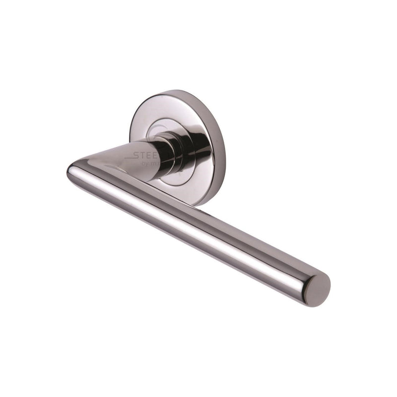 Steel Line Door Handle Lever Latch on Round Rose Tubular Design Polished Stainless Steel finish - SS-651-P - Choice Handles