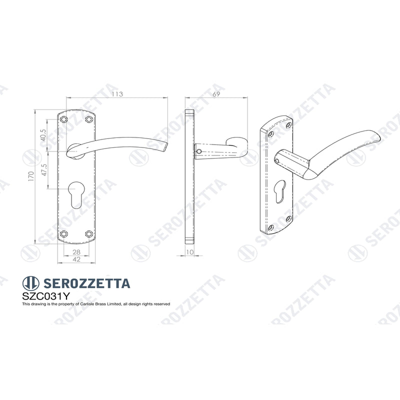 Serozzetta - Serozzetta Tres Lever on Euro Lock Backplate - Polished Chrome - SZC031YCP - Choice Handles