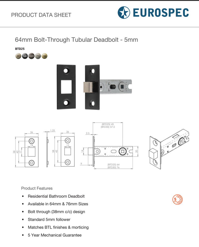 Eurospec - Bolt-Through Tubular Deadbolt - Satin Stainless Steel - 64mm - Satin Stainless Steel - BTD25SSS