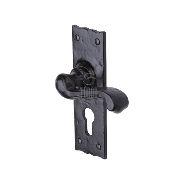The Tudor Door Handle for Euro Profile Plate Shropshire Design Black Iron - TC148 - Choice Handles
