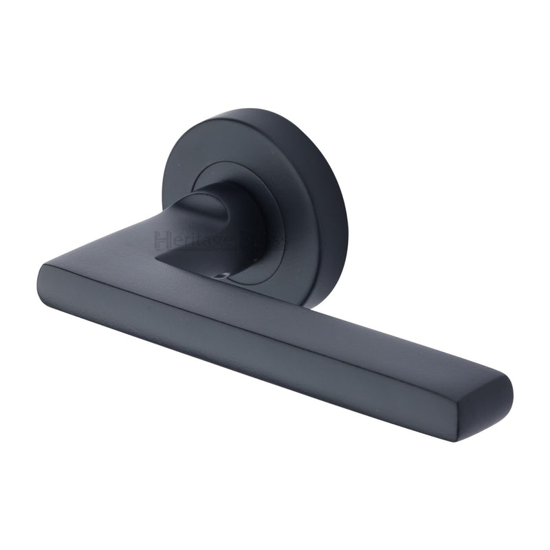 Heritage Brass Door Handle Lever Latch on Round Rose Trident Design Matt Black finish
 - TRI1352-BKMT - Choice Handles