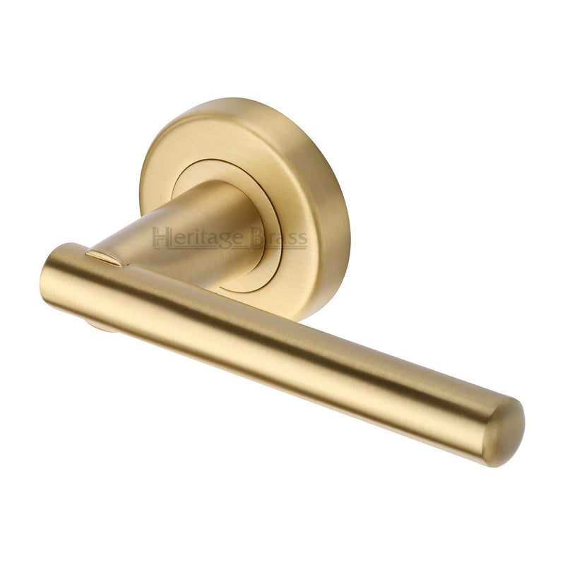 Heritage Brass Door Handle Lever on Rose Challenger Design Satin Brass Finish - V1001-SB - Choice Handles