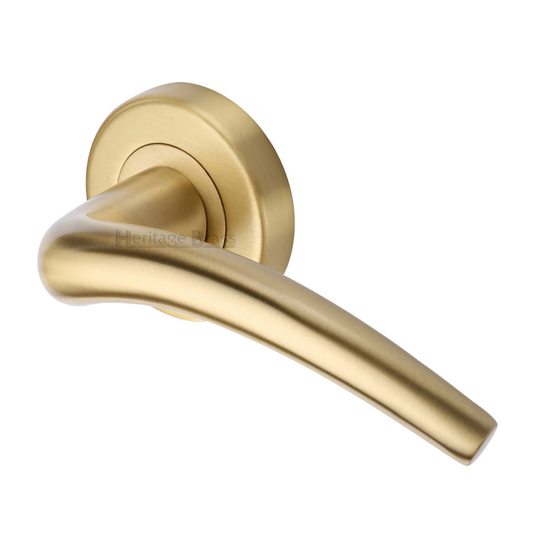 Heritage Brass Door Handle Lever Latch on Round Rose Wing Design Satin Brass finish - V1121-SB - Choice Handles