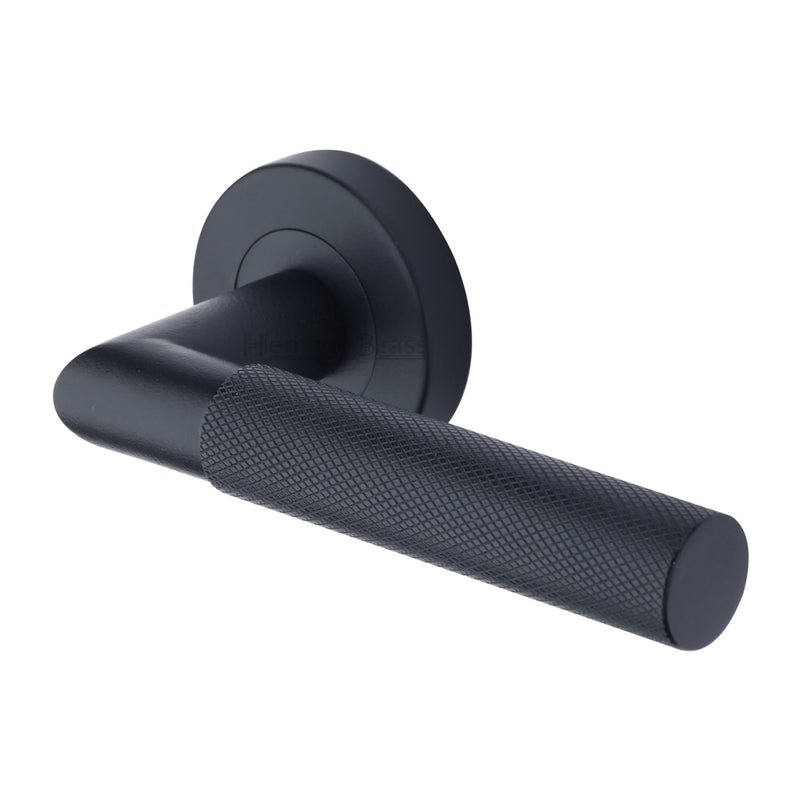 Heritage Brass Door Handle Lever Latch on Round Rose Bauhaus Mitre Design Matt Black finish
 - V2272-BKMT - Choice Handles