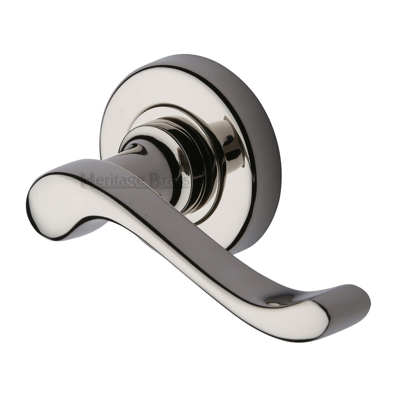 Heritage Brass Door Handle Lever Latch on 53mm Round Rose Bedford Design Polished Nickel finish - V3010-PNF - Choice Handles