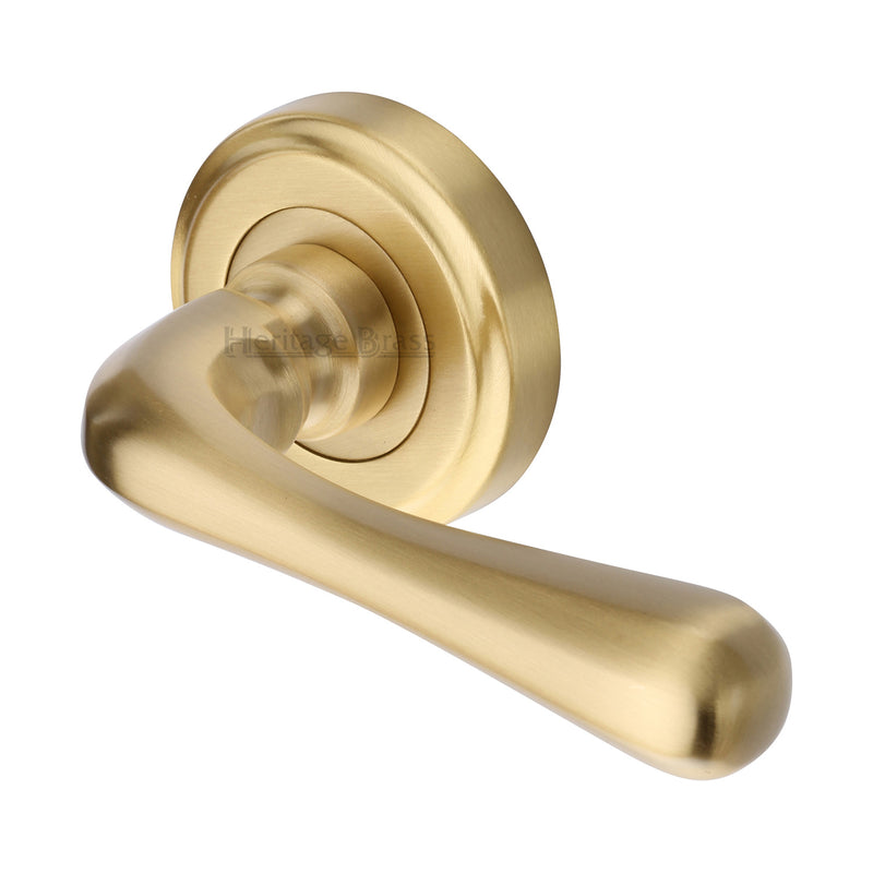 Heritage Brass Door Handle Lever Latch on Round Rose Charlbury Design Satin Brass finish - V3020-SB - Choice Handles