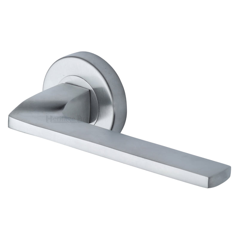 Heritage Brass Door Handle Lever Latch on Round Rose Metro Angled Design Satin Chrome finish
 - V3790-SC - Choice Handles