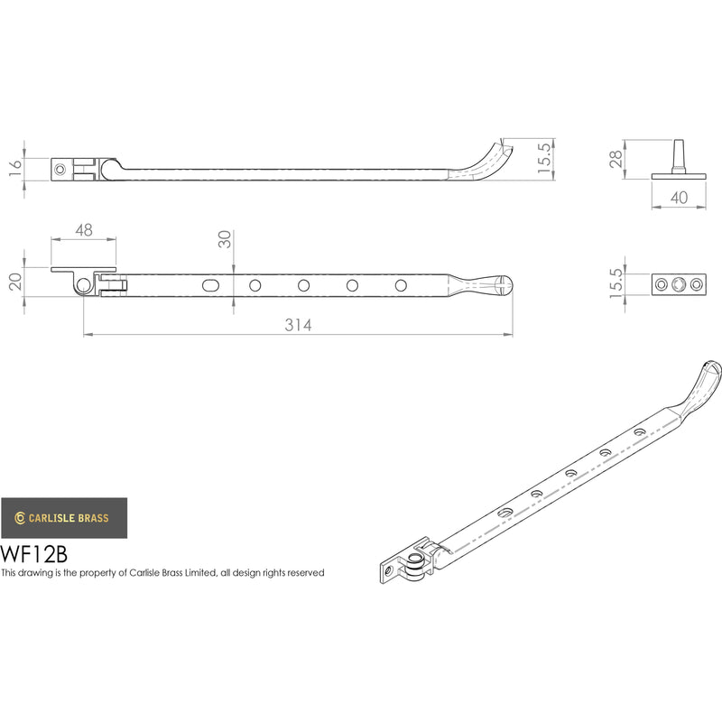 Carlisle Brass - Bulb End Casement Stay 305mm - Satin Chrome - WF12BSC - Choice Handles