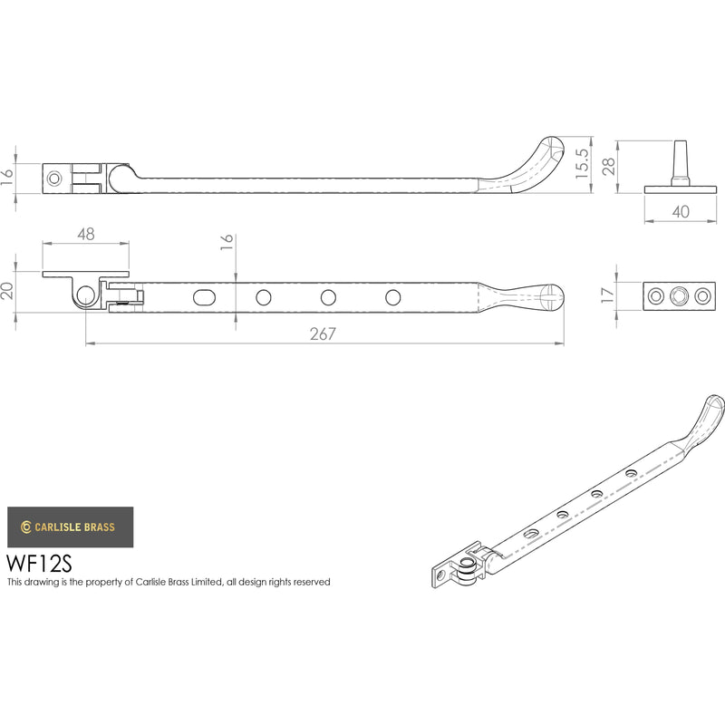 Carlisle Brass - Bulb End Casement Stay 200mm - Satin Nickel - WF12SSN - Choice Handles