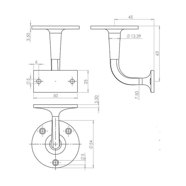 Jedo Zinc Handrail Brackets 63mm Satin Chrome - JV95ASC