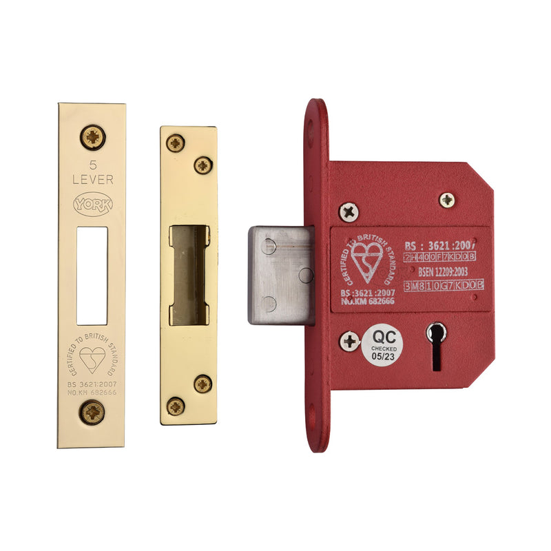 York British Standard 5 Lever Deadlock 2 1/2" Polished Brass Finish - YKDLBS52N-PB