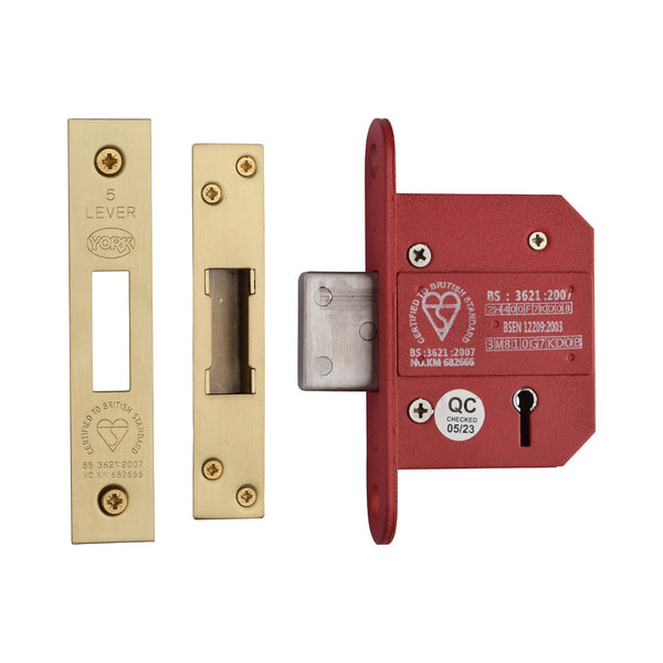 York British Standard 5 Lever Deadlock 2 1/2" Satin Brass Finish - YKDLBS52N-SB