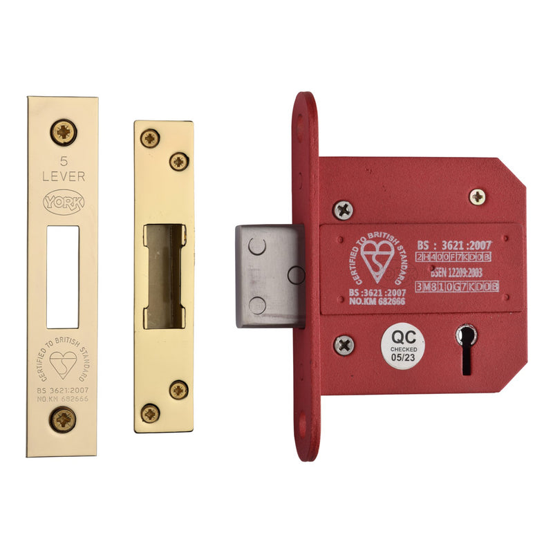 York British Standard 5 Lever Deadlock 3" Polished Brass Finish - YKDLBS53N-PB