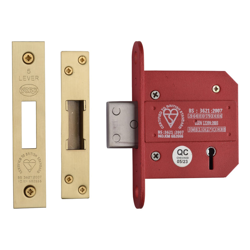 York British Standard 5 Lever Deadlock 3" Satin Brass Finish - YKDLBS53N-SB