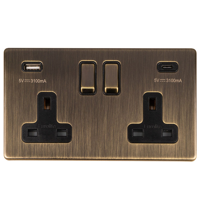 Eurolite Concealed 3mm 2 Gang 13Amp Switched Socket With Usb C Ant Brass - Antique Brass - AB2USBCB - Choice Handles