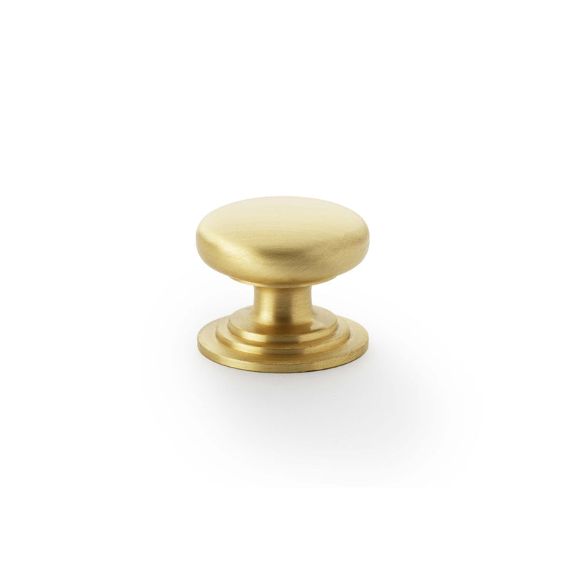 Alexander and Wilks - Waltz Round Cupboard Knob on Stepped Rose - Satin Brass - Knob 32mm - AW825-32-SB