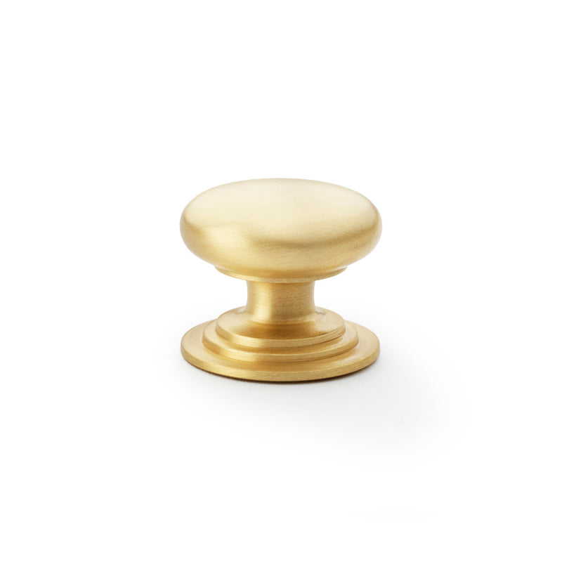 Alexander and Wilks - Waltz Round Cupboard Knob on Stepped Rose - Satin Brass - Knob 38mm - AW825-38-SB