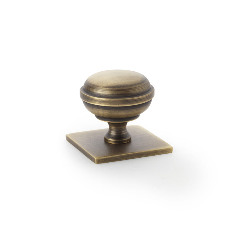 Alexander and Wilks - Quantock Cupboard Knob on Square Backplate - Antique Brass - 34mm - AW826-34-AB