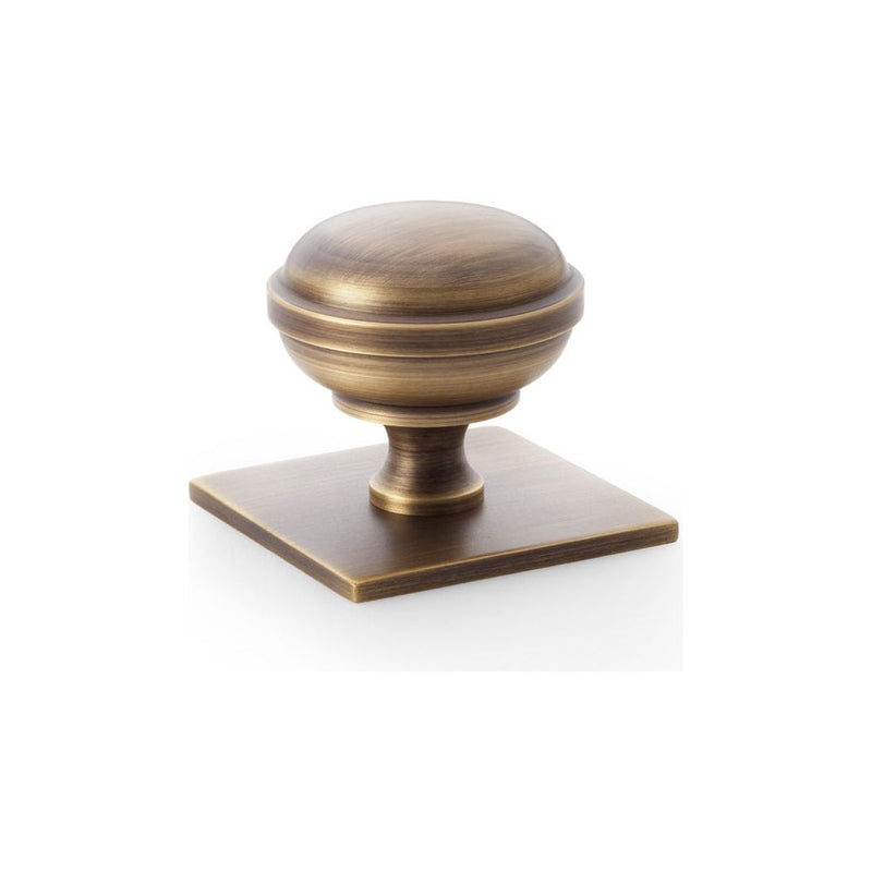 Alexander and Wilks - Quantock Cupboard Knob on Square Backplate - Antique Brass - 38mm - AW826-38-AB