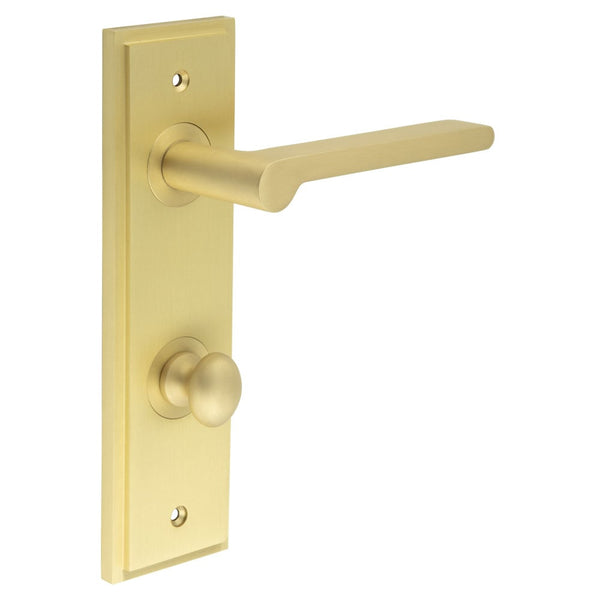 Burlington - Fitzrovia Door Handle Din Bathroom Backplate Satin Brass & Turn & Release - BUR-15SB-456SB-80SB