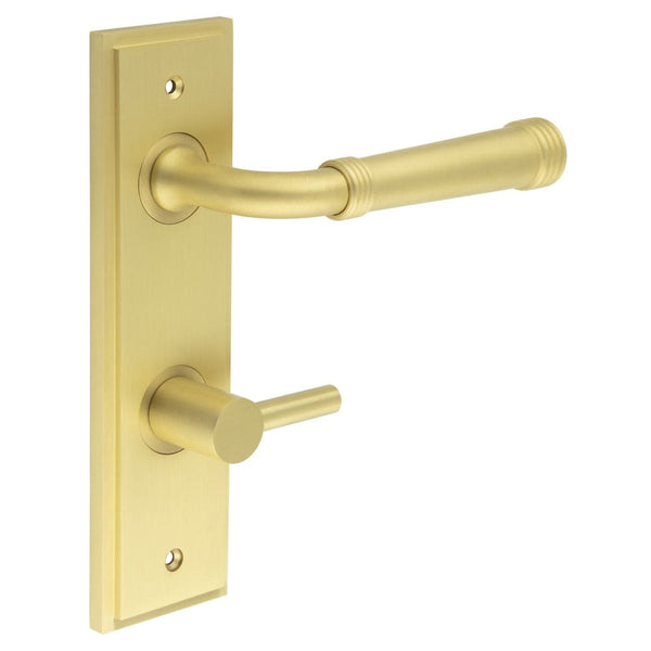 Burlington - Highgate Door Handle Din Bathroom Backplate Satin Brass & Turn & Release - BUR-35SB-456SB-82SB