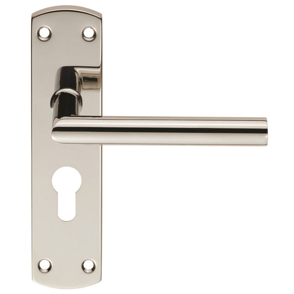 Eurospec - Steelworx Residential Mitred Lever on Euro Lock Backplate - Bright Stainless Steel - CSLP1162E/BSS - Choice Handles