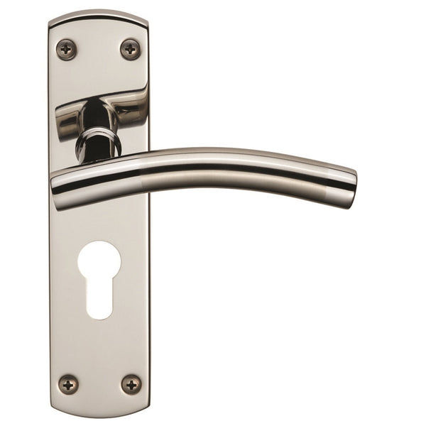 Eurospec - Steelworx Residential Curved Lever on Euro Lock Backplate - Bright/Satin Stainless Steel - CSLP1163E/DUO - Choice Handles