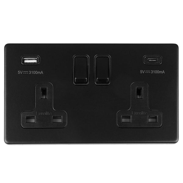 Eurolite Concealed 3mm 2 Gang 13Amp Switched Socket With Usb C Matt Black - Matt Black - ECMB2USBCB - Choice Handles