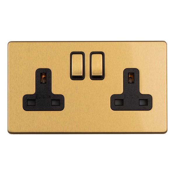 Eurolite Concealed 3mm 2 Gang 13Amp Switched Socket - Satin Brass - ECSB2SOB - Choice Handles