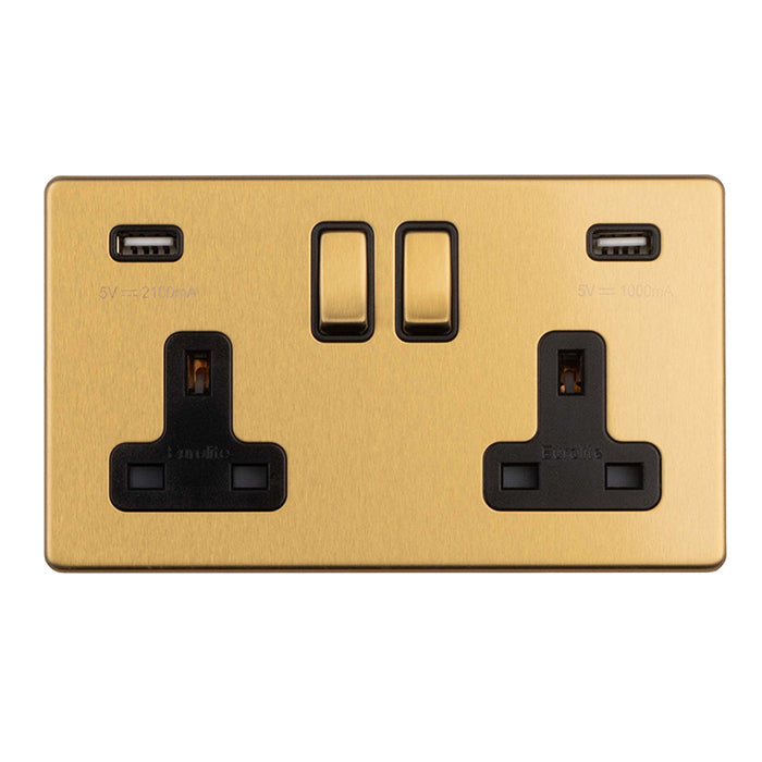 Eurolite Concealed 3mm 2 Gang 13Amp Switched Socket With Usb - Satin Brass - ECSB2USBB - Choice Handles