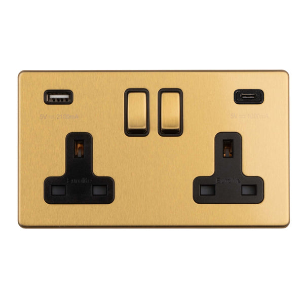 Eurolite Concealed 3mm 2 Gang 13Amp Switched Socket With Usb C Satin Brass - Satin Brass - ECSB2USBCB - Choice Handles