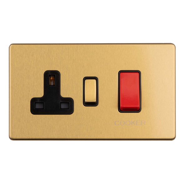 Eurolite Concealed 3mm 45Amp Cooker Switch With Socket - Satin Brass - ECSB45ASWASB - Choice Handles