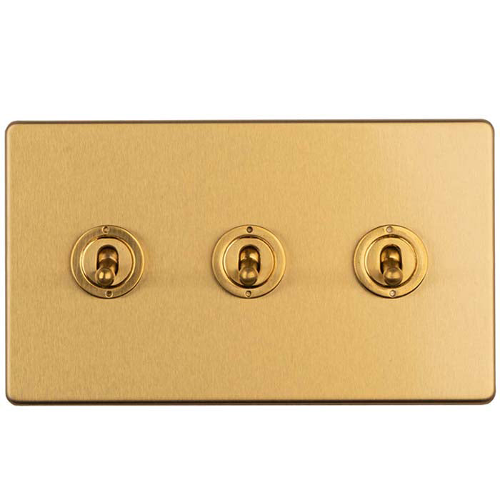 Eurolite Concealed 3mm 3 Gang 2 Way Toggle Switch - Satin Brass - ECSBT3SW - Choice Handles