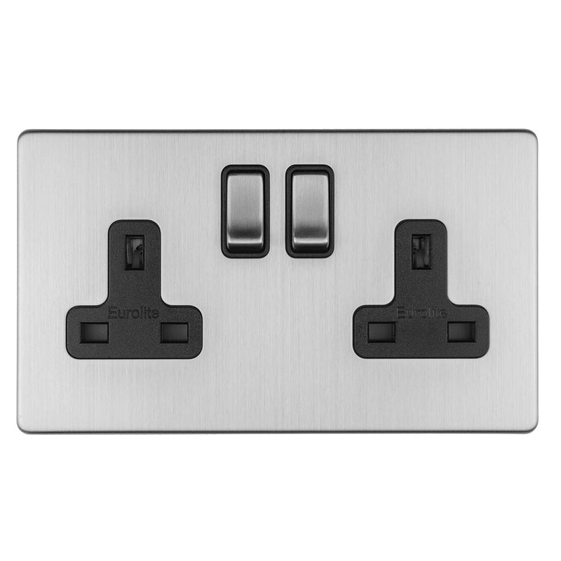 Eurolite Concealed 3mm 2 Gang 13Amp Dp Switched Socket - Stainless Steel - ECSS2SOB - Choice Handles