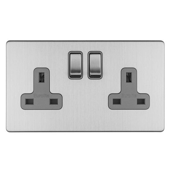 Eurolite Concealed 3mm 2 Gang 13Amp Dp Switched Socket - Stainless Steel - ECSS2SOG - Choice Handles