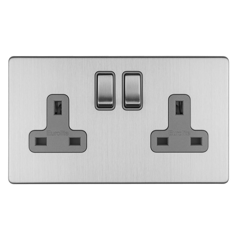 Eurolite Concealed 3mm 2 Gang 13Amp Dp Switched Socket - Stainless Steel - ECSS2SOG - Choice Handles