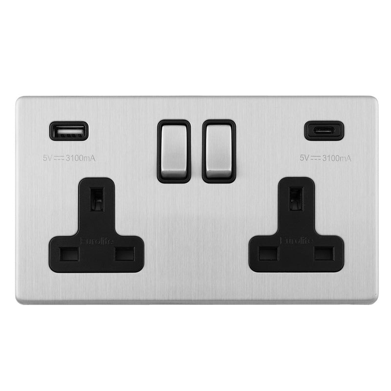 Eurolite Concealed 3mm Concealed 3Mm 2 Gang Usbc Socket - Stainless Steel - ECSS2USBCB - Choice Handles