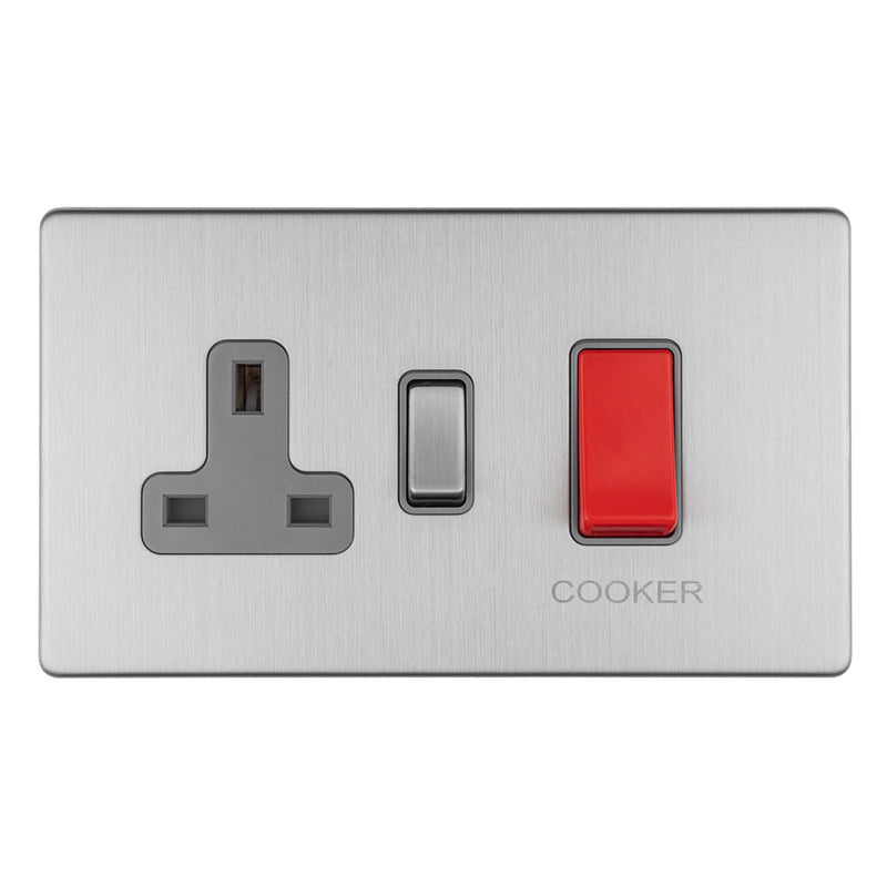 Eurolite Concealed 3mm 45Amp Dp Cooker Switch With 13Amp Socket - Stainless Steel - ECSS45ASWASG - Choice Handles