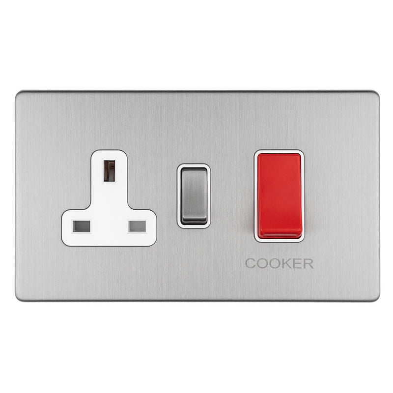 Eurolite Concealed 3mm 45Amp Dp Cooker Switch With 13Amp Socket - Stainless Steel - ECSS45ASWASW - Choice Handles