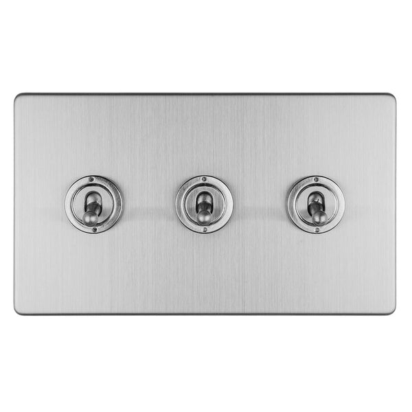 Eurolite Concealed 3mm 3 Gang 10Amp 2Way Toggle Switch Satin Stainless Plate - Stainless Steel - ECSST3SW - Choice Handles