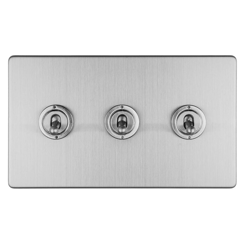 Eurolite Concealed 3mm 3 Gang 10Amp 2Way Toggle Switch Satin Stainless Plate - Stainless Steel - ECSST3SW - Choice Handles