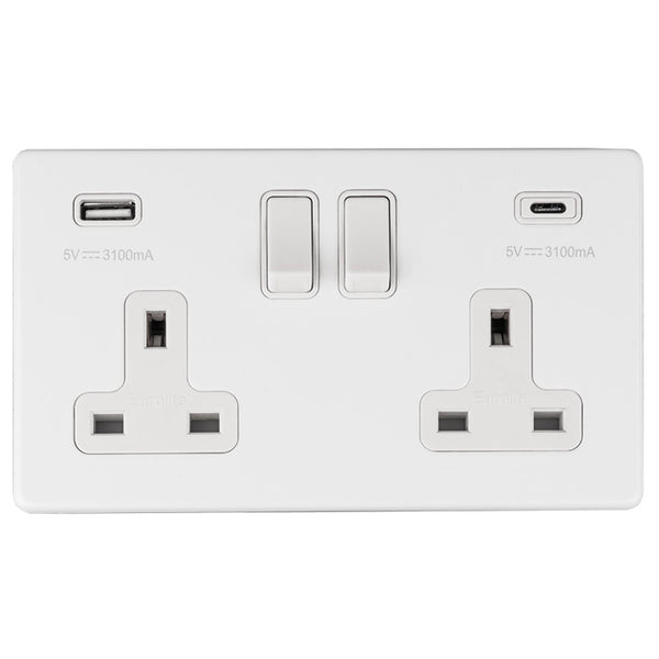 Eurolite Concealed 3mm 2 Gang 13Amp Switched Socket With Usb C White - Matt White - ECW2USBCW - Choice Handles