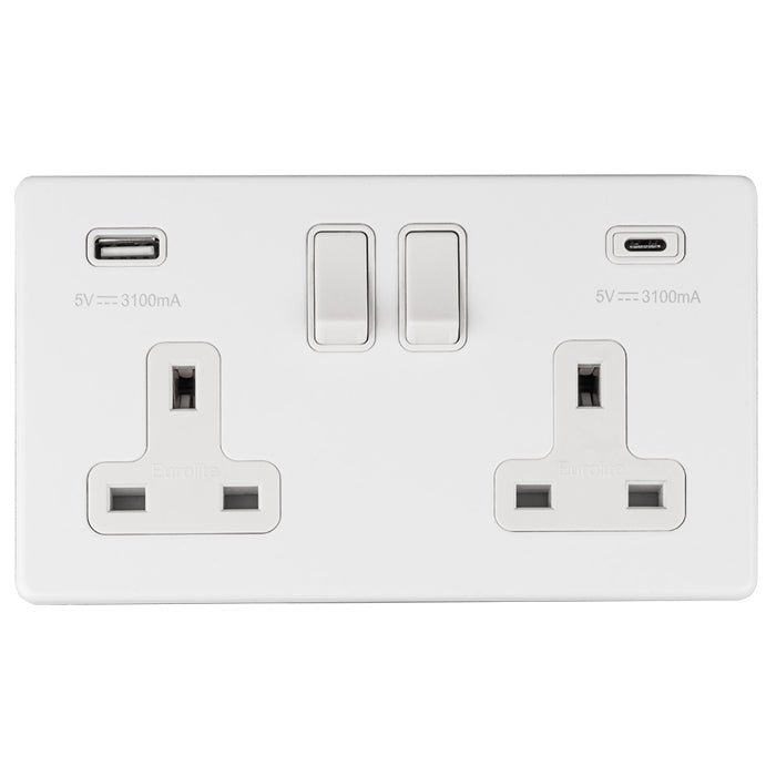 Eurolite Concealed 3mm 2 Gang 13Amp Switched Socket With Usb C White - Matt White - ECW2USBCW - Choice Handles